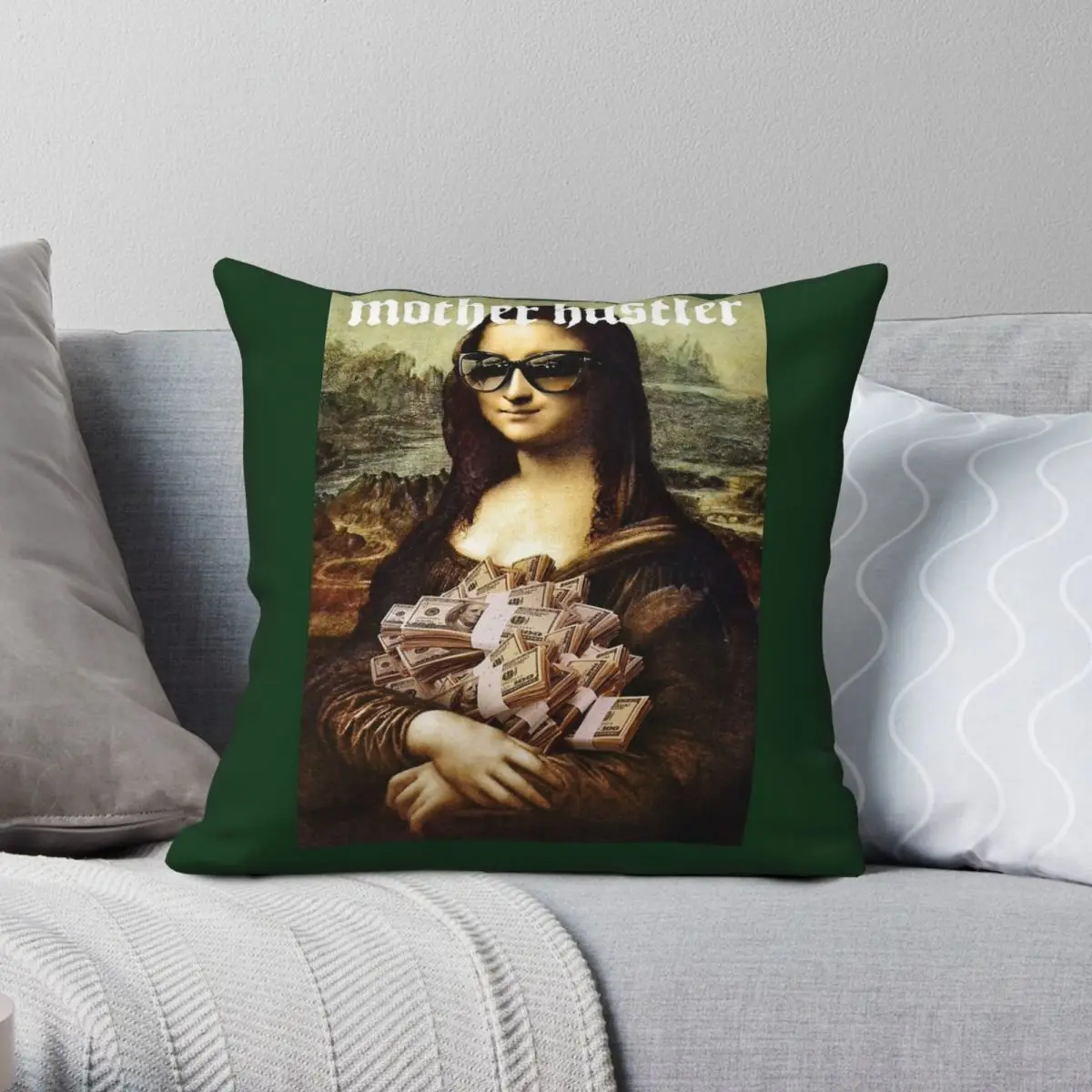 Mother Hustler Mona Lisa Square Pillowcase Polyester Linen Velvet Pattern Zip Decorative Bed Cushion Cover