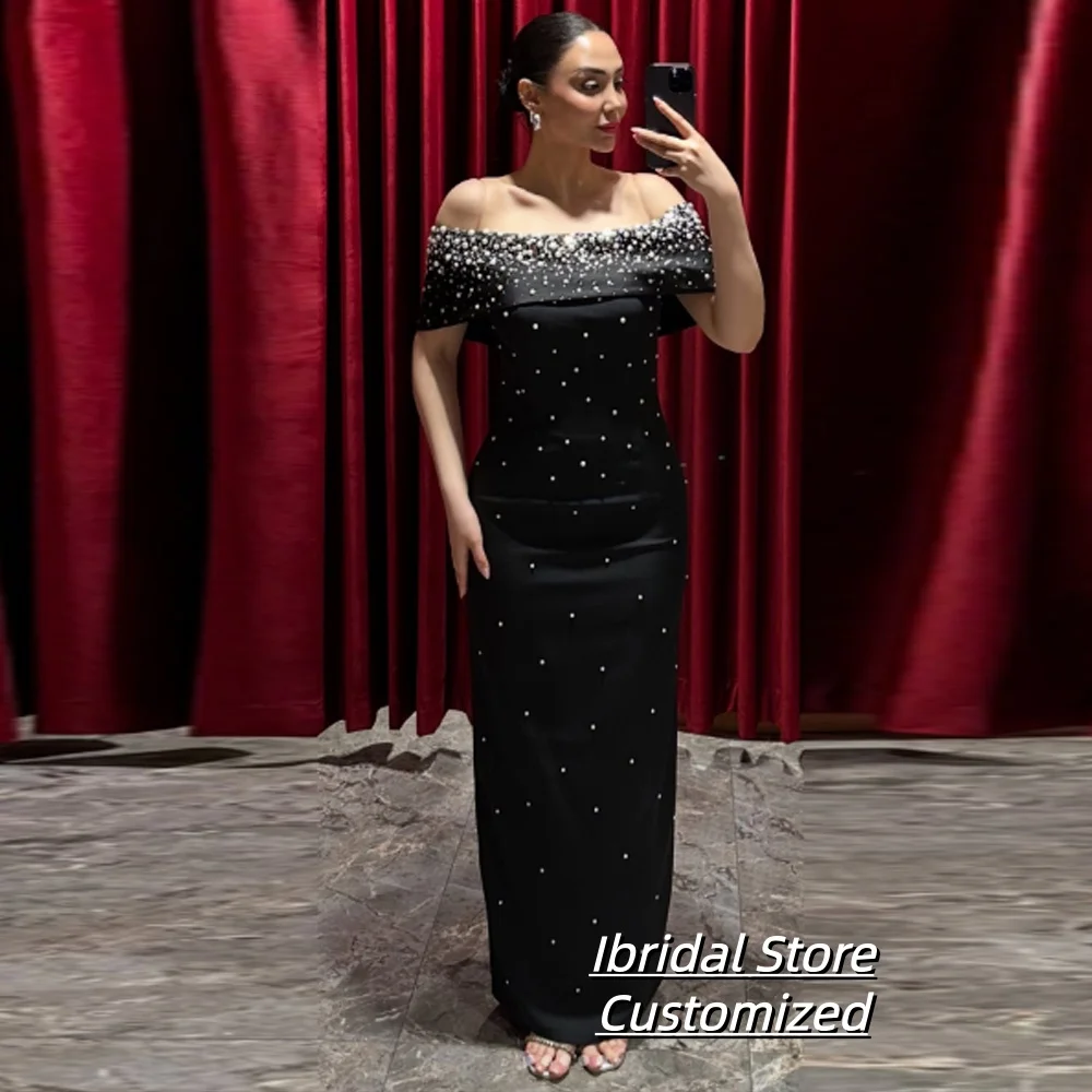 

Customized Black Straight Prom Dresses Ankle-Length Off The Shoulder Sleeveless Evening Gown Fashion Beading Sequined Party Gown