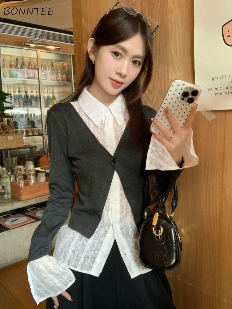 

Рубашки женские из двух предметов, дизайнерские офисные женские универсальные простые топы, повседневные лоскутные топы, Camisas De Mujer, эстетичная одежда Ins