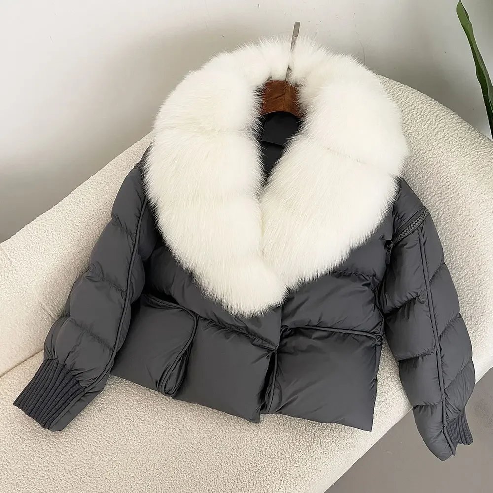 Moda 2024 Giacca Invernale Donna Naturale Reale Procione Collo di Pelliccia di Volpe Piumino D'anatra Bianca Cappotto di Spessore Caldo Streetwear Casual Tuta Sportiva