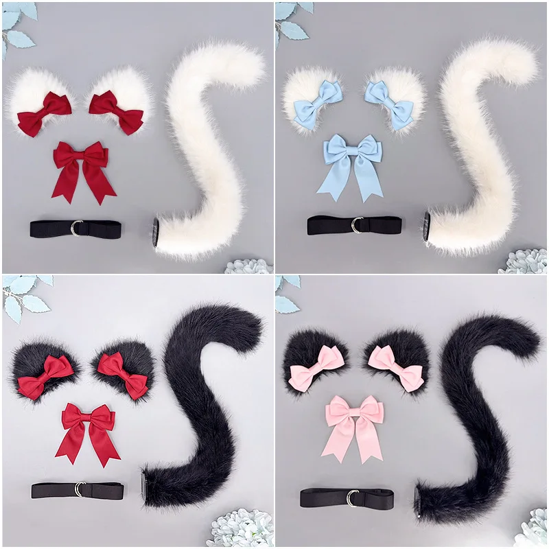 Futrzany ogon kota Uszy Spinki do włosów Zestaw Anime Cosplay Kostium Rekwizyty Lolita Cat Tail Fursuit Pluszowy ogon Faux Fur Haripins Dla kobiet
