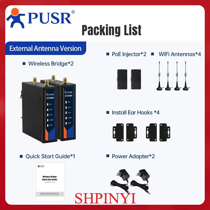 

Промышленный беспроводной мост PUSR 2,4 ГГц от точки до точки 500 м для ПЛК Qualcomm Plug and Play, комплект из 2 внешних антенн, версия ST208S