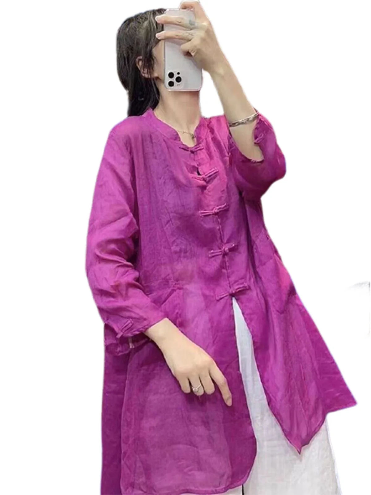 New Chinese Sle Cotton Linen irt Women Summer Mid-Length Retro Zen Button-Up Tea Costume Linen Open Cardigan Top