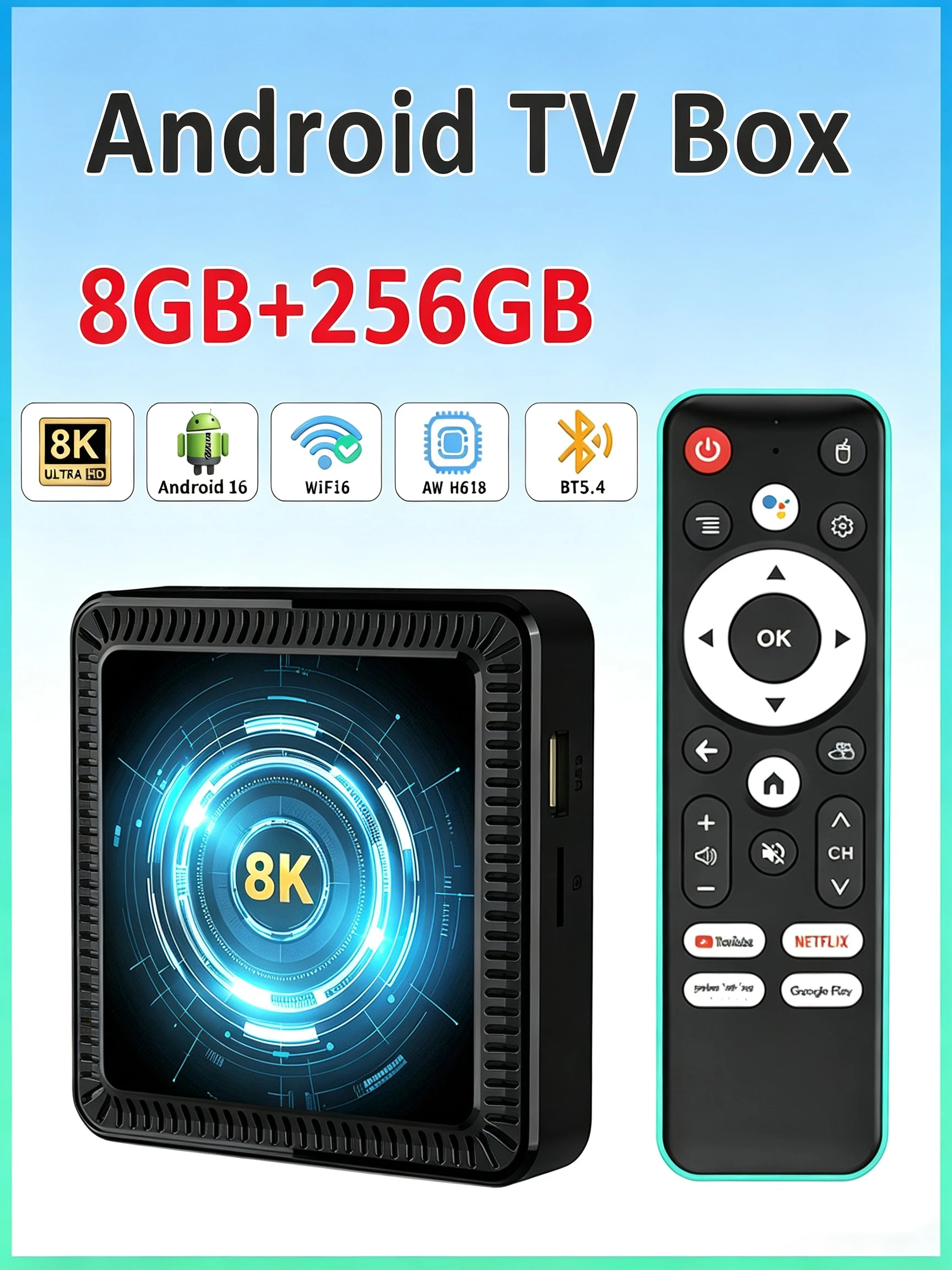 Q19 TV-Box Android 16 unterstützt Dual-WiFi, BT5.4, 4K 8K HD-Video, 128GB 256GB Speicher, Sprachfernbedienung, geeignet für die Medienwiedergabe im Heimfernsehen.