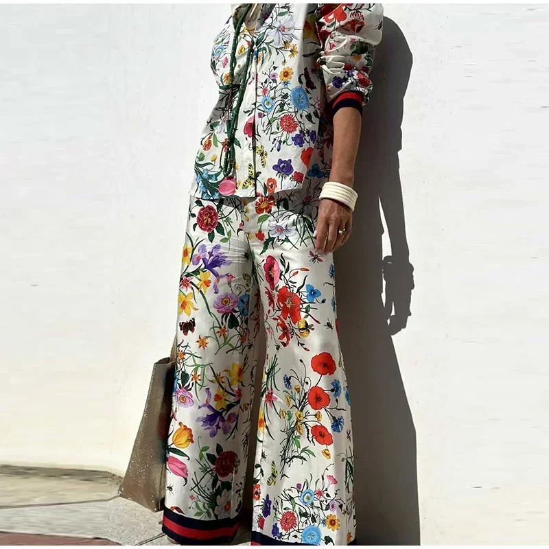 

2025 женский повседневный винтажный комплект с цветочным принтом для поездок на работу, богемный весенне-летний яркий широкий брючный костюм, новая одежда Vestidos
