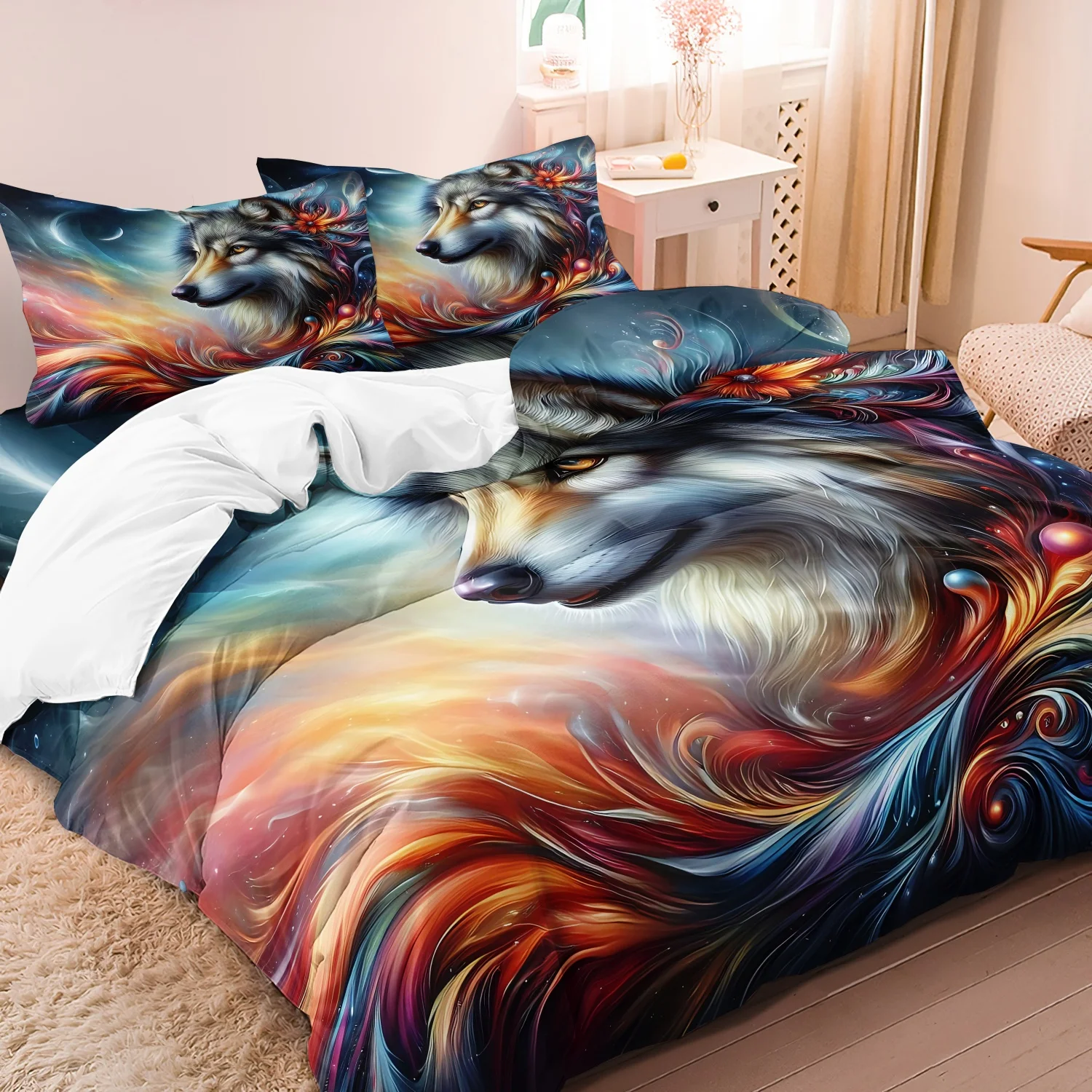 Colorful Swirl Galaxy Wolf Moon Print 3 Pieces Duvet Cover Bedding Set, Fantasy Nebula Wild Wolf Starry Sky Print Bedding