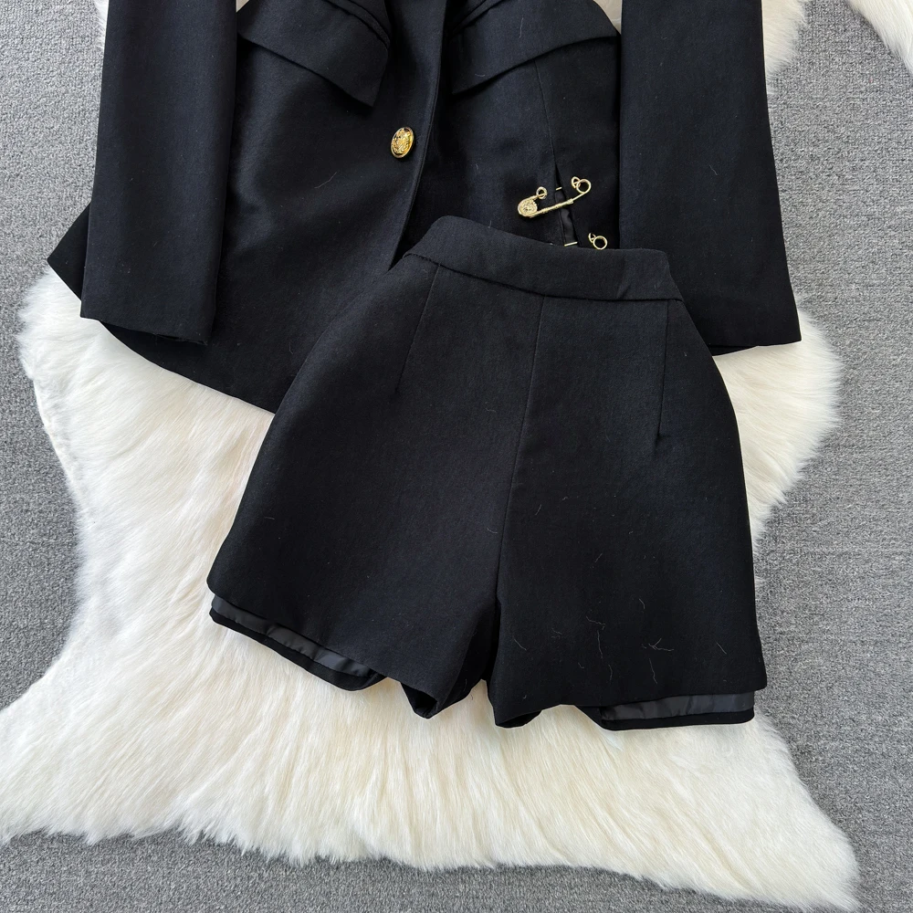 Fashion Two Piece Shorts Set Vintage Streetwear Mid length Jacket Wrapped Suit Coat High Waist Slim Wide Leg Shorts