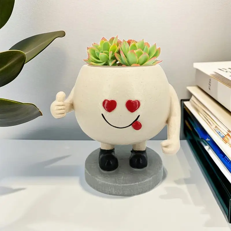 Cute Face Planter Pot Unique Resin Thumb-up Succulent Pot Lovely Decorative Flower Planter With Drainage Hole For String Of