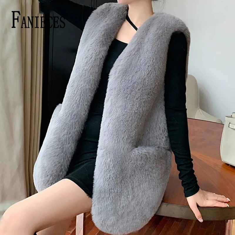 

FANIECES High quality Fashion furs Coats Women's Fur Vest Coat with Pocket Luxury Faux Fox Warm Women Coat Vests Winter Overcoat