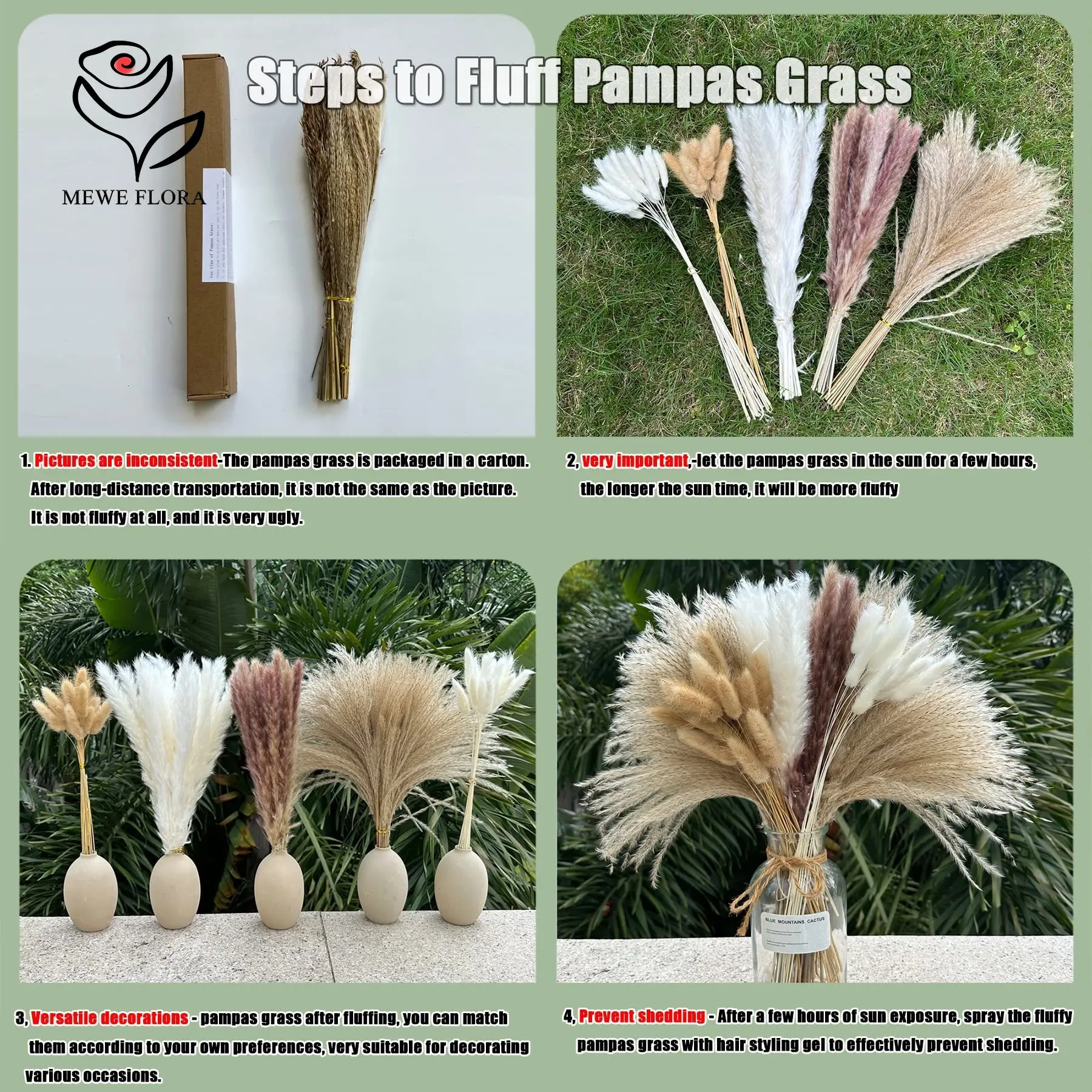 100pcs Natural Dried Flower Pampas Grass Bouquet Boho Home Decor Rabbit Tail for Farmhouse Wedding Office Arrangement DIY Craft - view 2