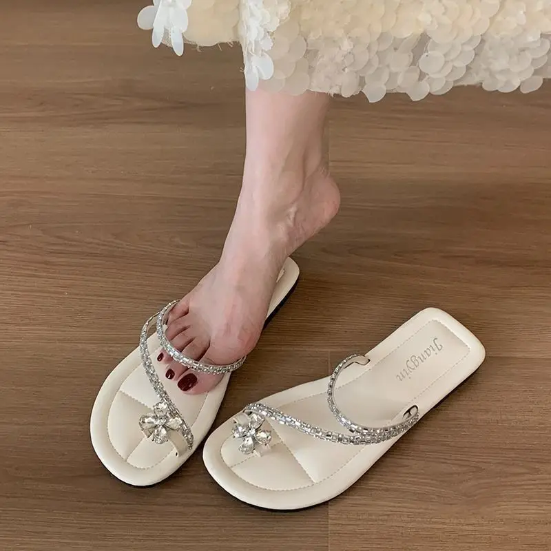 Women's Flat Toe-Loop Sandals with Sparkling RhinestonesSoft Sole Outdoor Beach Wear Fashionable Elegant Style 226 New Arrival