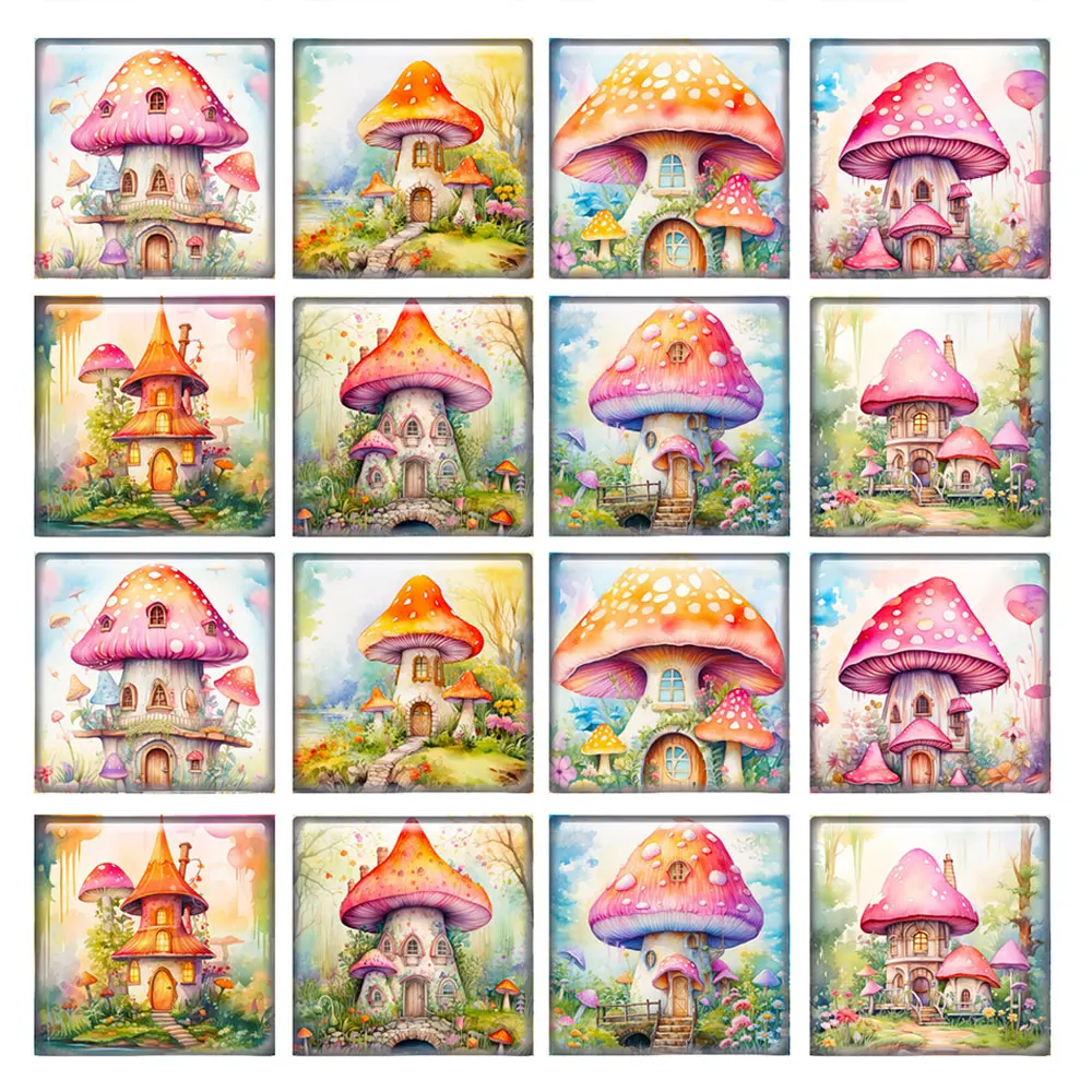 

10pcs/lots Fairy House Mushroom Secret Garden Square Photo Glass Cabochon Flatback Demo Flat Back Cameo For Diy Jewelry Making