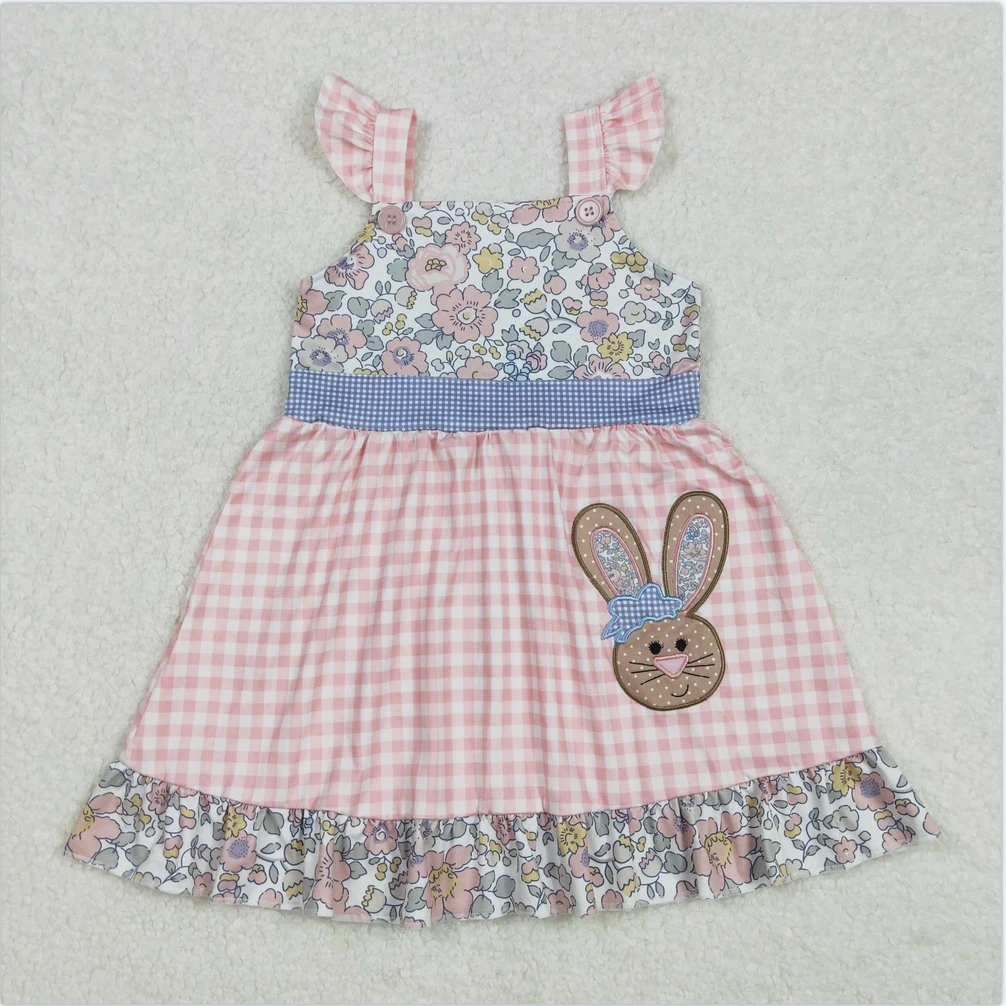 

Wholesale Baby Girls Easter Embroidery Pink Rabbit Knee Length Dresses Toddler Kids Short Sleeve Dresses Children Clothes