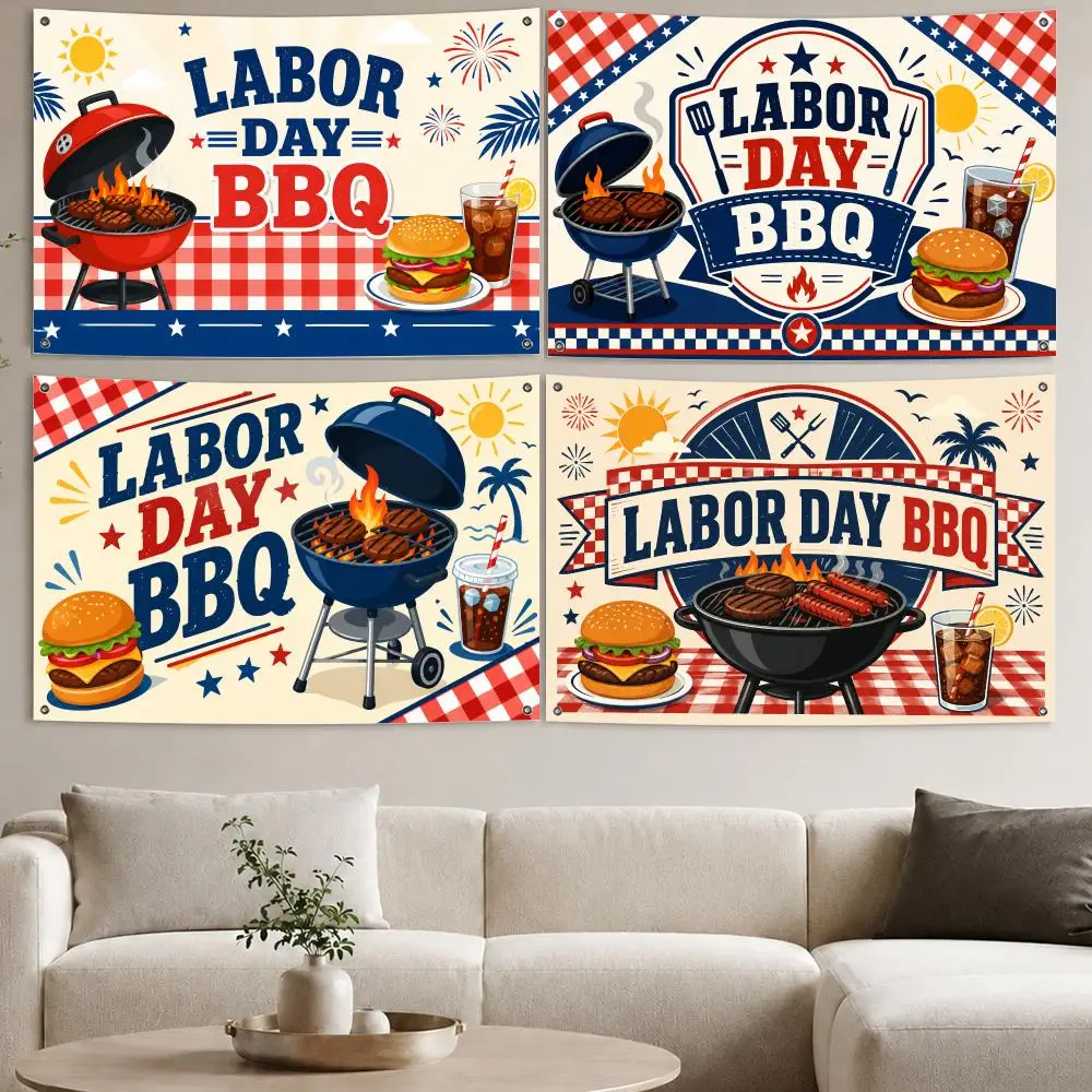 Labor Day Barbecue Gathering Flags Aesthetic Wall Tapestry Printed Wall Hanging Living Room Party Outdoor Decor
