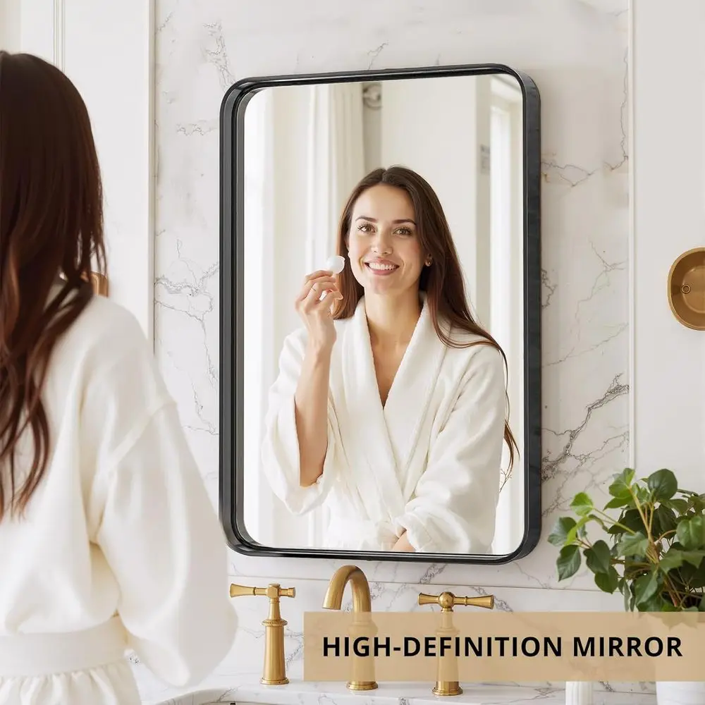 Espelho de vaidade com moldura preta de 30 x 22 polegadas, resistente à ferrugem, estilo moderno de fazenda para parede ou pia