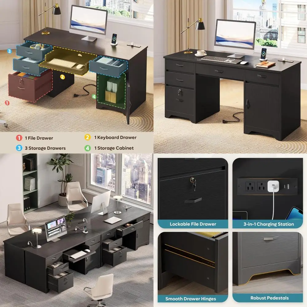 

59 Lockable Drawer Office Desk with Charging Station, Drop-Front Keyboard Tray, and Storage Cabinet for Home Office or Studio, B