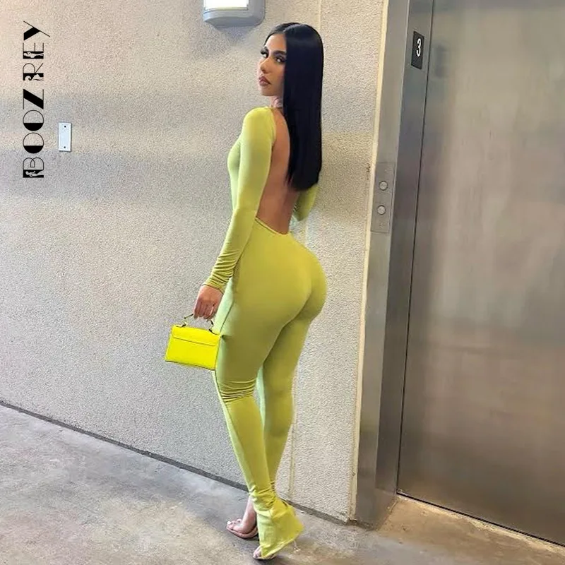 

BoozRey 2023 Summer Solid Long Sleeve Backless Jumpsuit Women Sexy Hollow Bottoming Overalls Bodycon Streetwear Basic Outfits