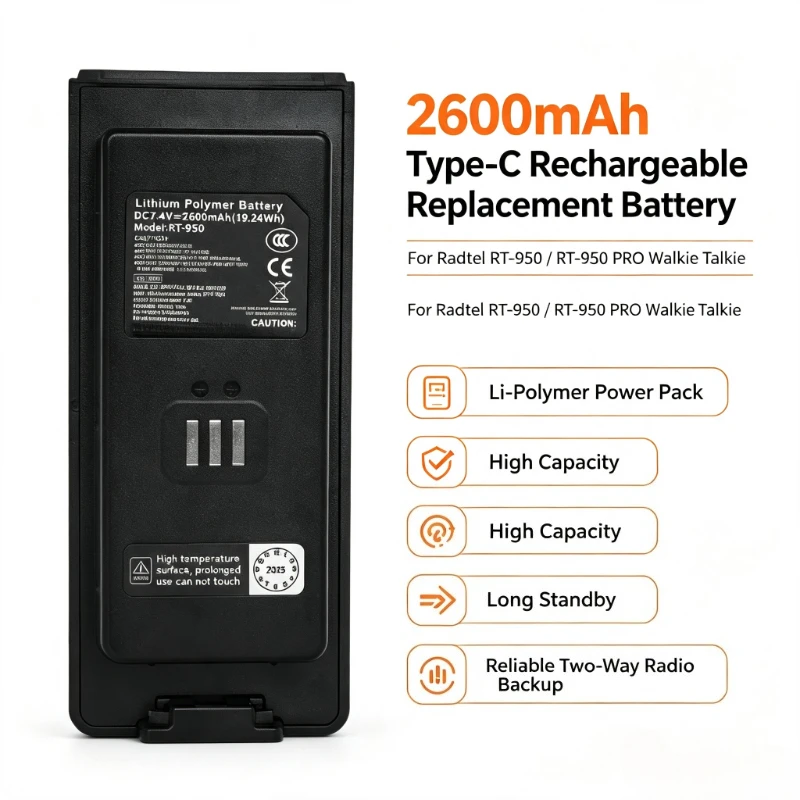 RT-950 7.4V 2600mAh 19.24Wh Type-C Rechargeable Replacement Li-Polymer Battery for Radtel RT-950 / RT-950 PRO Walkie Talkie