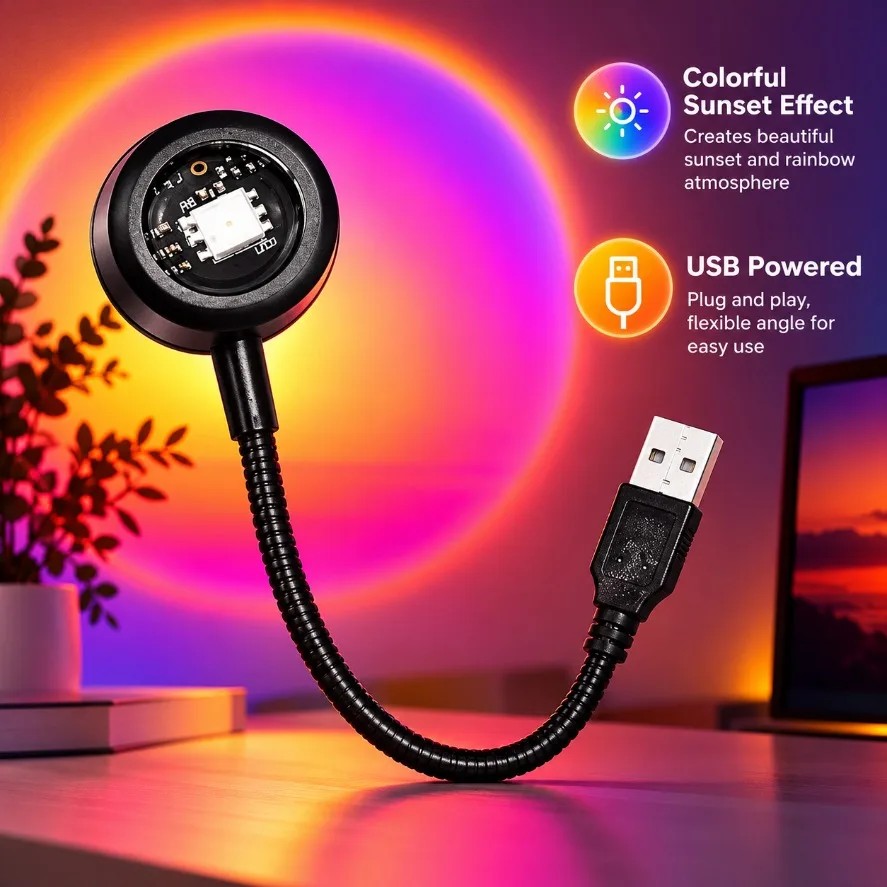 Sunset Lamp USB LED Rainbow Neon Night Light Atmospheric Lighting for Bedroom Wall Living Room Party Photo Background Vlog Decor