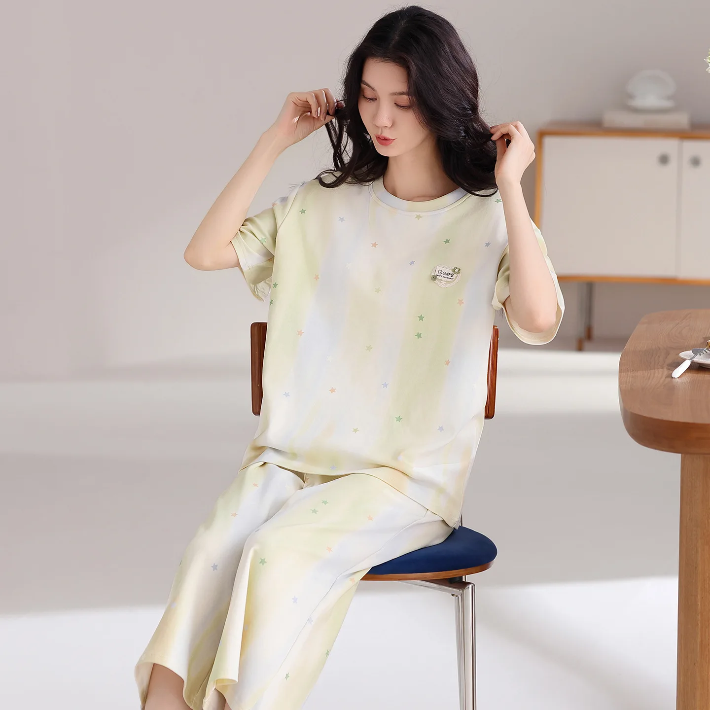 Sleepwear Set Women Capri Pants Pajamas for Women's Summer Female Young Girl Cartoon Pijama Cotton Home Wear Sleep Lounge