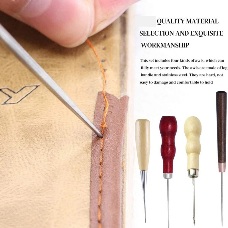 ABPP-4Pcs Woodworking Awl Set - Stainless Steel, 4 Count, Medium Grit, Comfortable Punching & Drilling For Leather & Wood