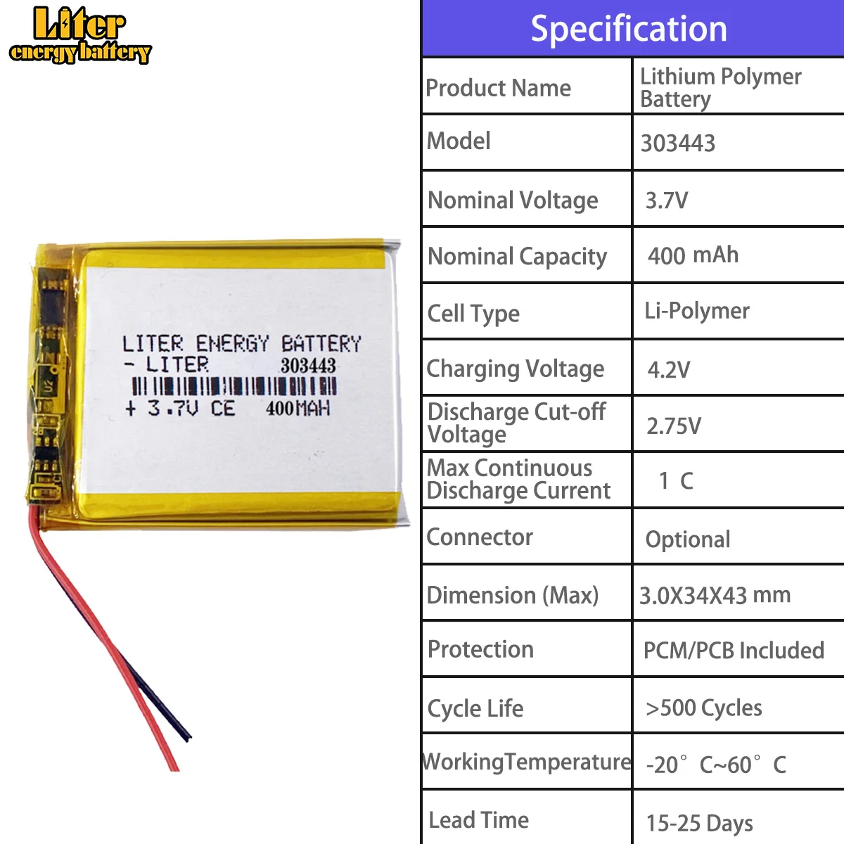 303443 400mah 303450 500mah 304040 500mah 305060 1100mah 305573 1800mah3.7V polymer lithium battery | Multiple capacity options