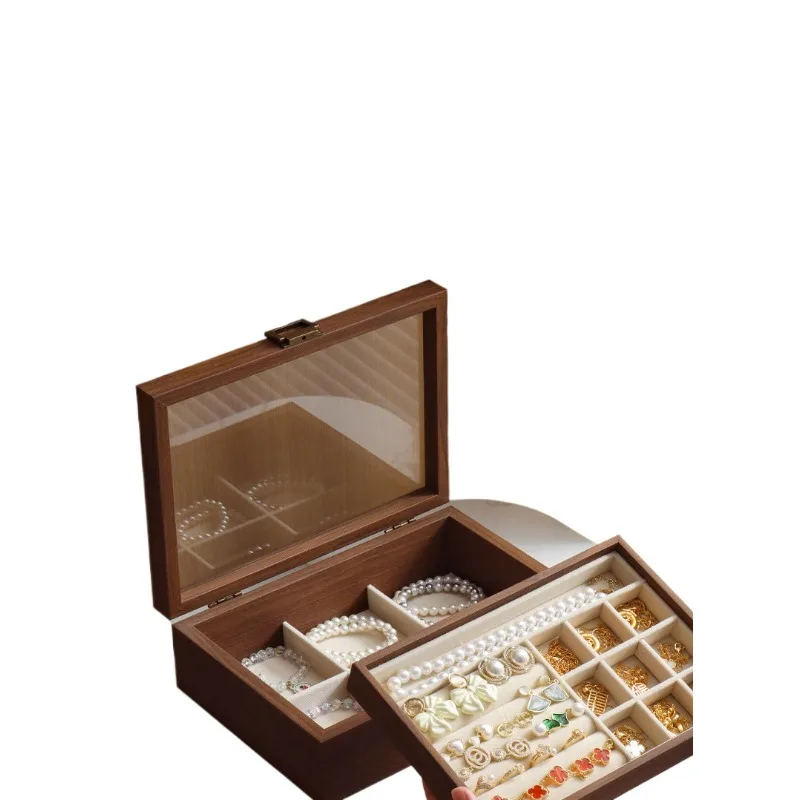 Walnut Wooden Jewelry Box Glass Lid Multi-grid Storage Case for Earrings Rings Necklaces  Tools