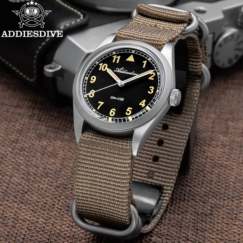 ADDIESDIVE Retro Watch For Men 36mm Khaki Strap AD2079 Domed Glass AR Coated Waterproof 100m Luminous Leisure Wristwatch New