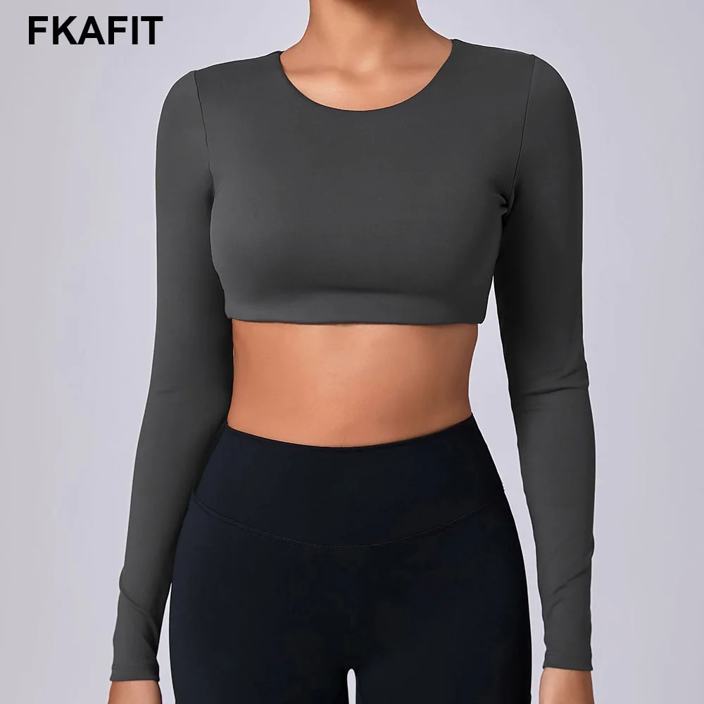 Women Crop Tops Yoga T-shirts Solid Sports Top Long Sleeve Running Shirts Exposed Navel Quick Dry Fitness Gym Sport Wear