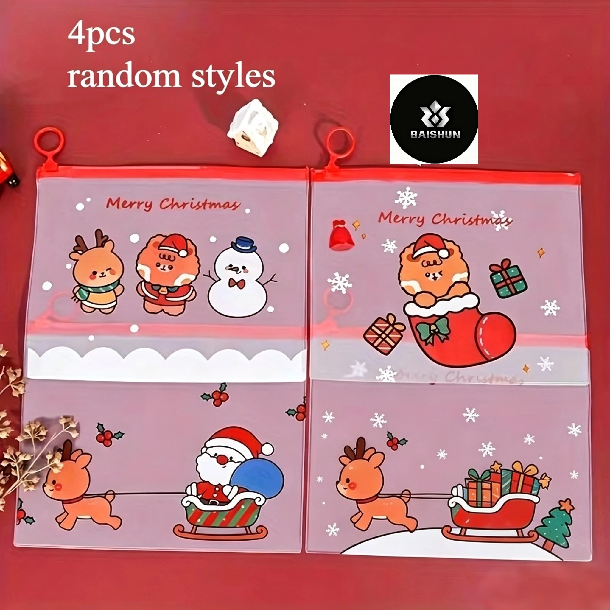 4Pcs Random Style Waterproof Soft Cartoon Christmas Ring Document Bags, Durable Office Stationery Storage Pouch, Xmas Eve Gift H