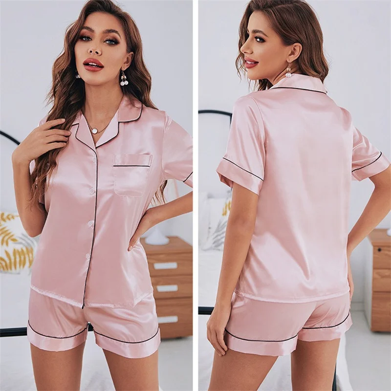 

Ling Summer Solid Silk Pajamas Womens Short Sleeve Sleepwear 2 Pcs Satin Pjs Shorts Set Button Down Loungewear M-3XL Lingerie