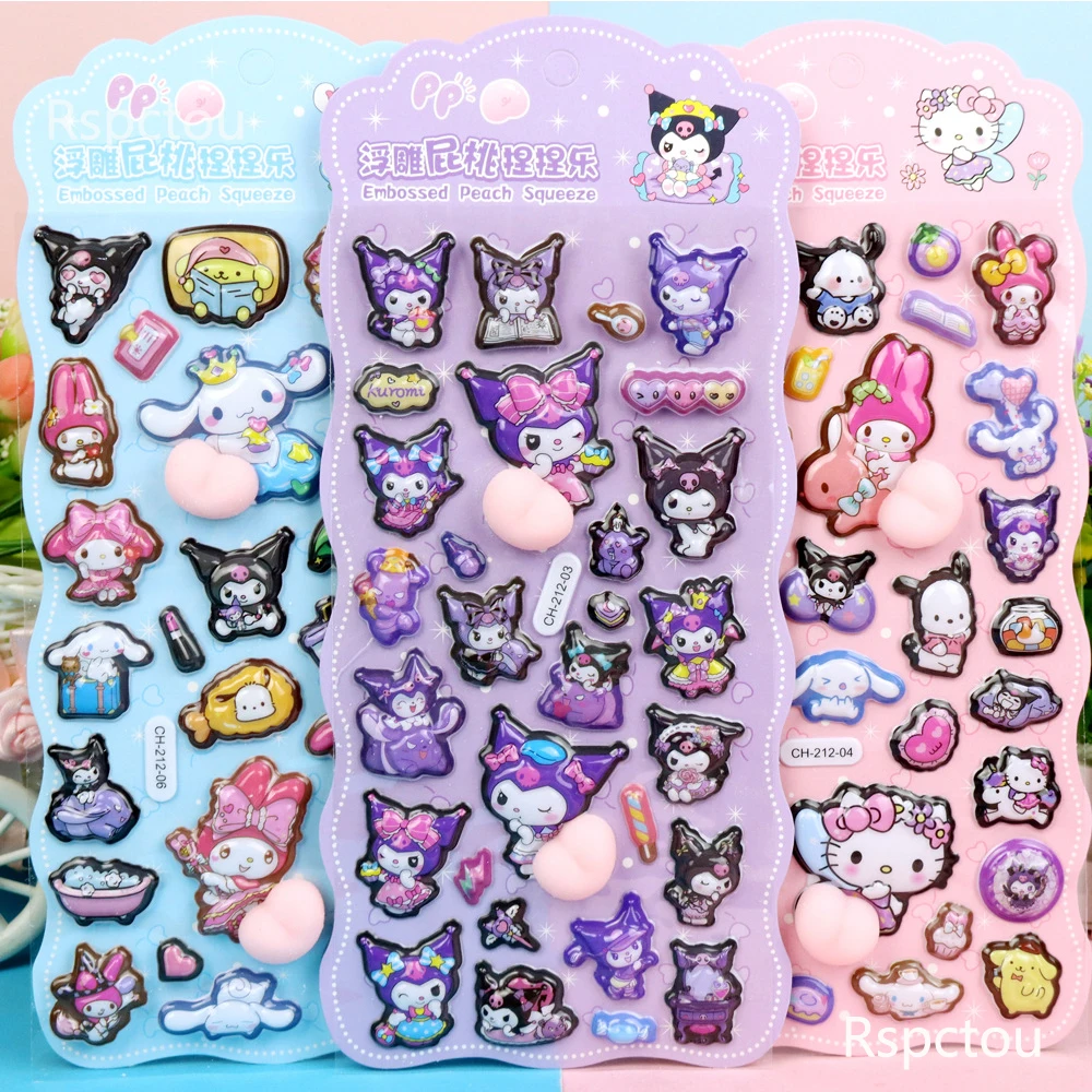 

6pcs Cute Cartoon Sanrio Series 3D Relief Bubble Stickers Creative Embossed Peach Squeeze Sticker Scrapbook Phone Laptop Decals