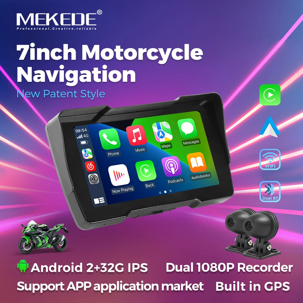 

MEKEDE 7-дюймовый мотоциклетный видеорегистратор с навигационным экраном, беспроводной CarPlay Android Auto Airplay, портативный монитор IPX7