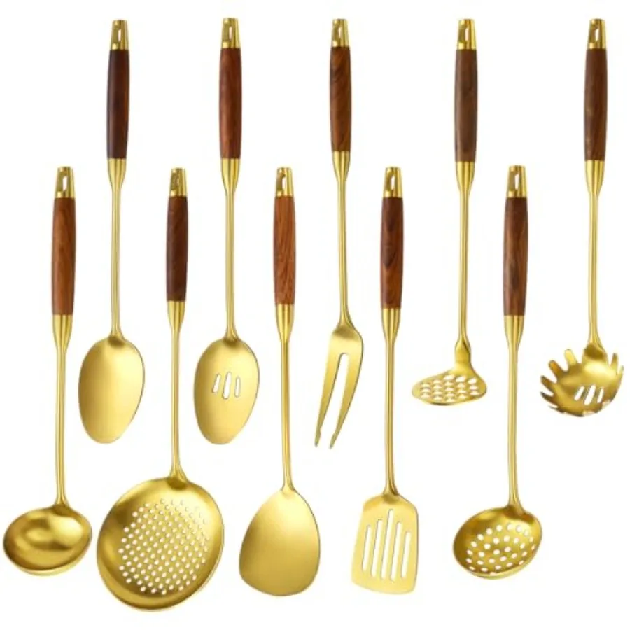 

18/10 Stainl Steel Kitchen Utensils Set, 10 Pcs Cooking Utensils With Wood Handle, Heat Resistant Kitchen Tool Set With Spatula