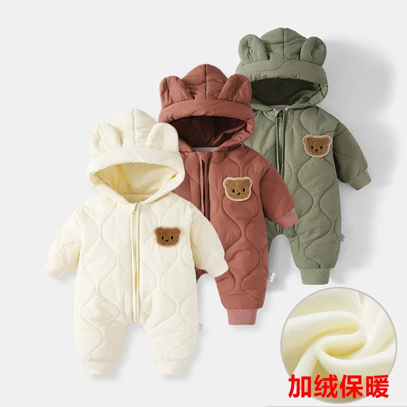 

Baby Winter Jumpsuit Fur Lined Warm Snowsuit Infant Romper For Boys Girls Toddler Cartoon Bear Pramsuit Cozy Outwear Bodysuit