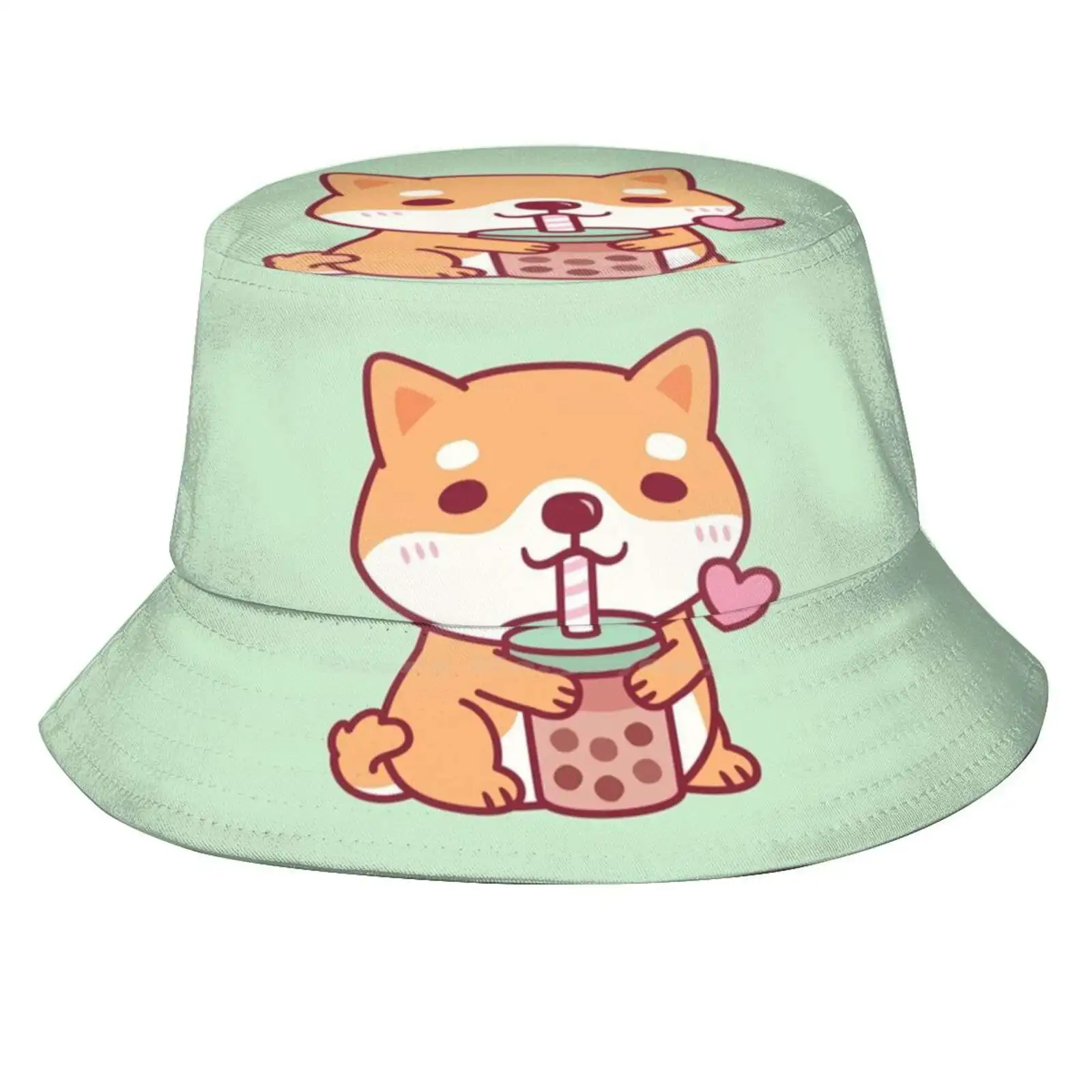 Cute Shiba Inu Dog Loves Bubble Tea Sun Cap Fisherman Hat Bucket Hats Shiba Inu Puppy Bubble Tea Cute Shiba Boba Tea Beverage