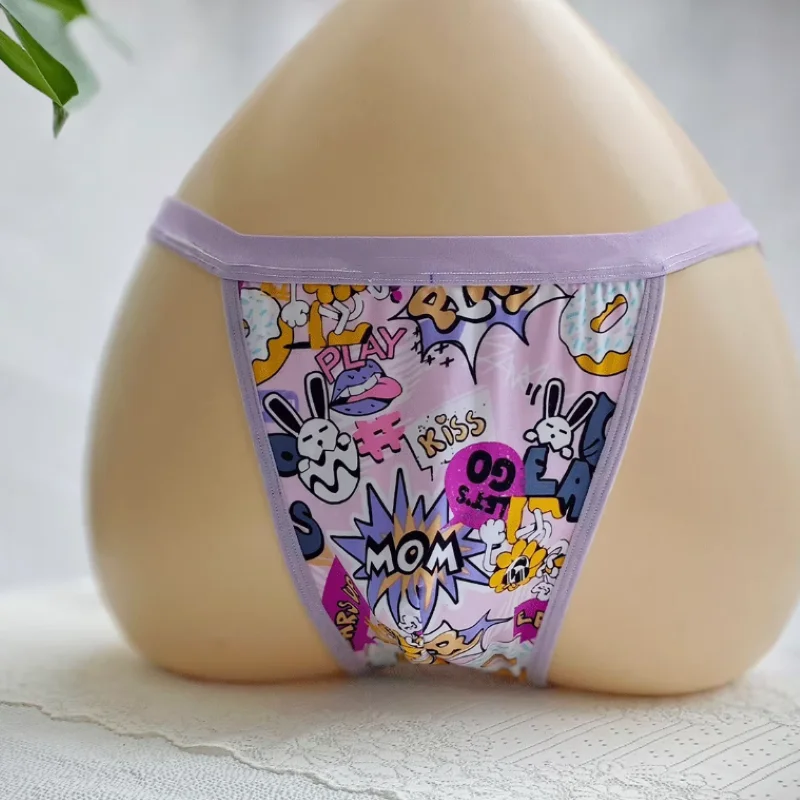 

Sexy Men's Ice Silk Printed Briefs Cute Bikini elastic Convex Pouch underwear Sissy Erotic DJ Club Bar BF Private Party Panties