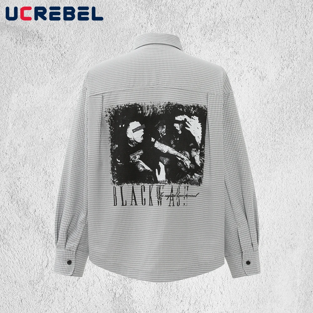 

Клетчатые рубашки с принтом сзади, мужские ретро уличные осенние однобортные свободные рубашки с длинными рукавами и лацканами с изогнутым подолом, мужские рубашки