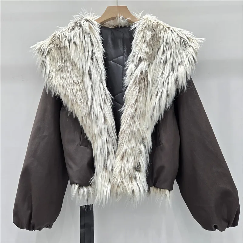 نساء 2025 شتاء موضة جديدة النمط الأمريكي مثير فتاة جاكيتات ليوبارد طباعة كبيرة فو الفراء طوق مبطن العصرية معاطف السترة