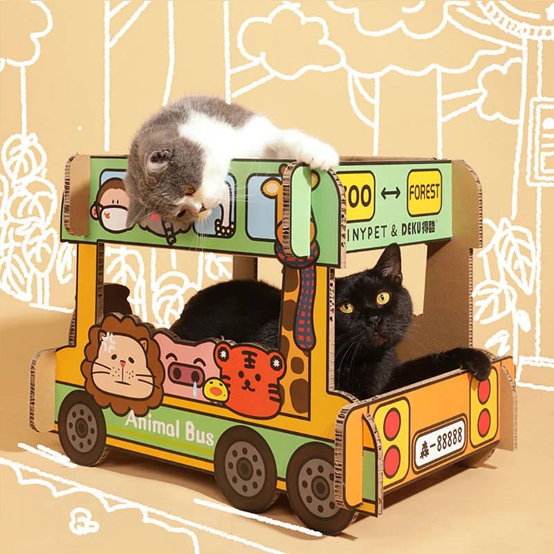 Car Shape Corrugated Paper Cat Scratcher Comfortable Double-deck Bund Bed Animal Bus Pet Supplies