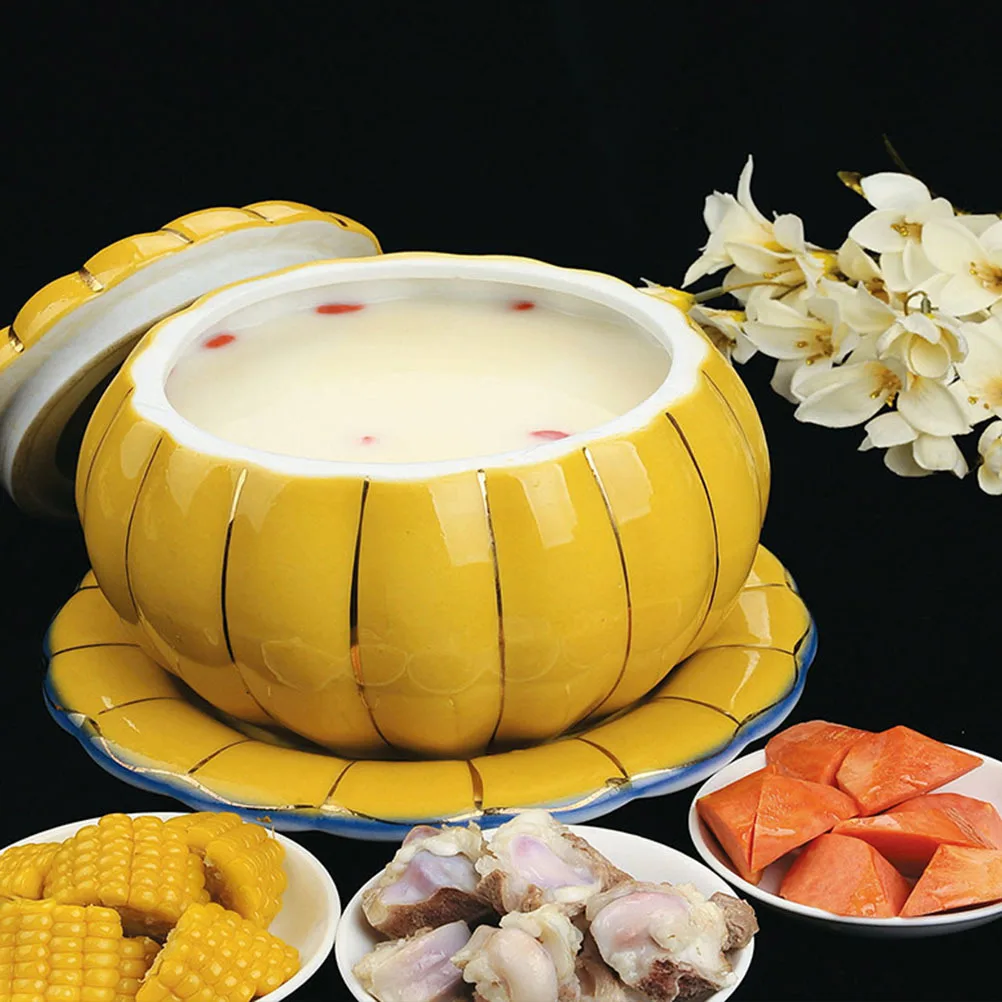 

1Set Ceramic Pumpkin Shaped Bowl Porcelain Food Holder Stew Steam Eggs Rice Home Hotel Restaurant Camping Cookware