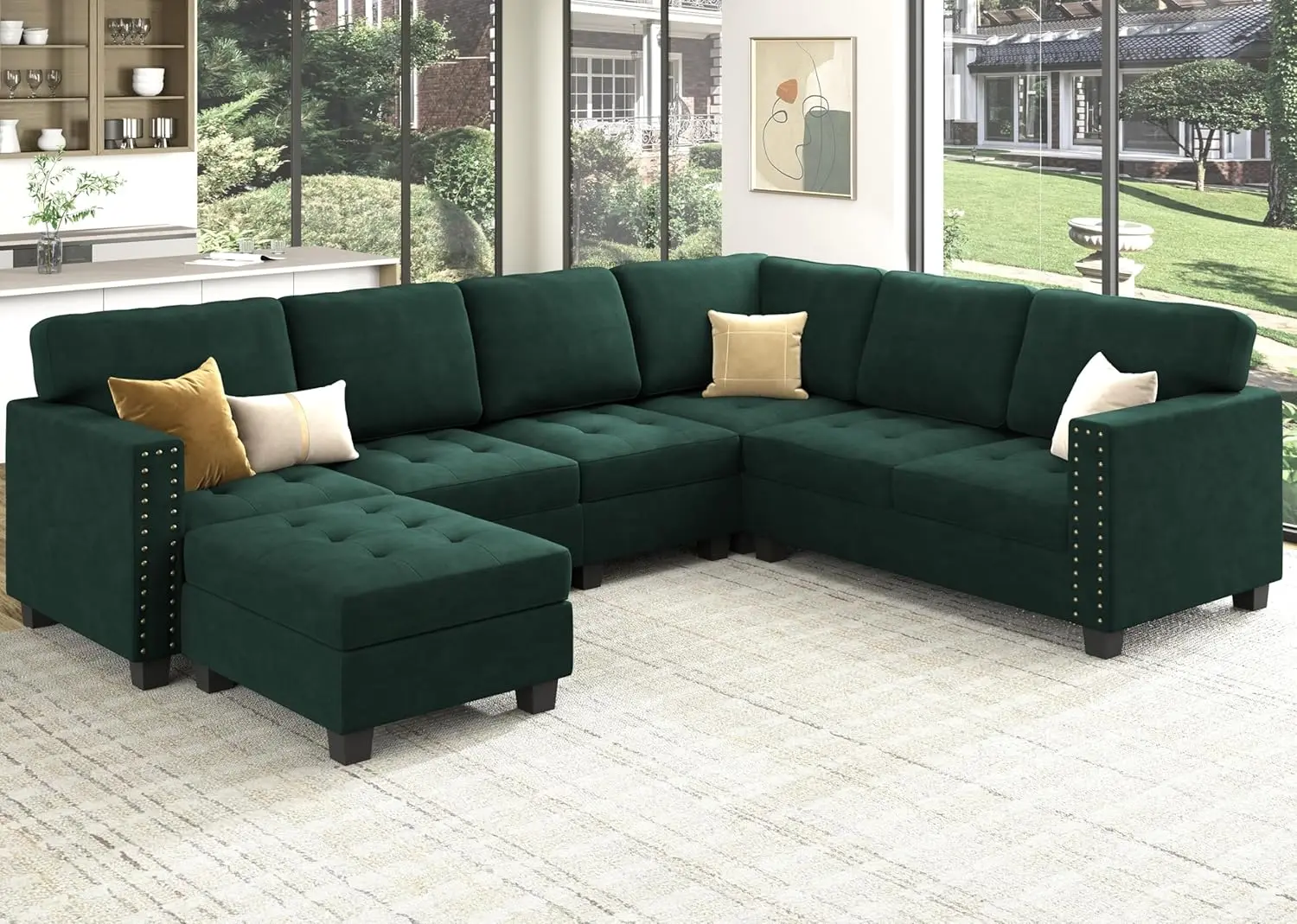 Velvet Modular Sectional Couch U Shaped Sectional Sofa with Storage Tray Ottoman Sofa Couch with Reversible Chaise Green