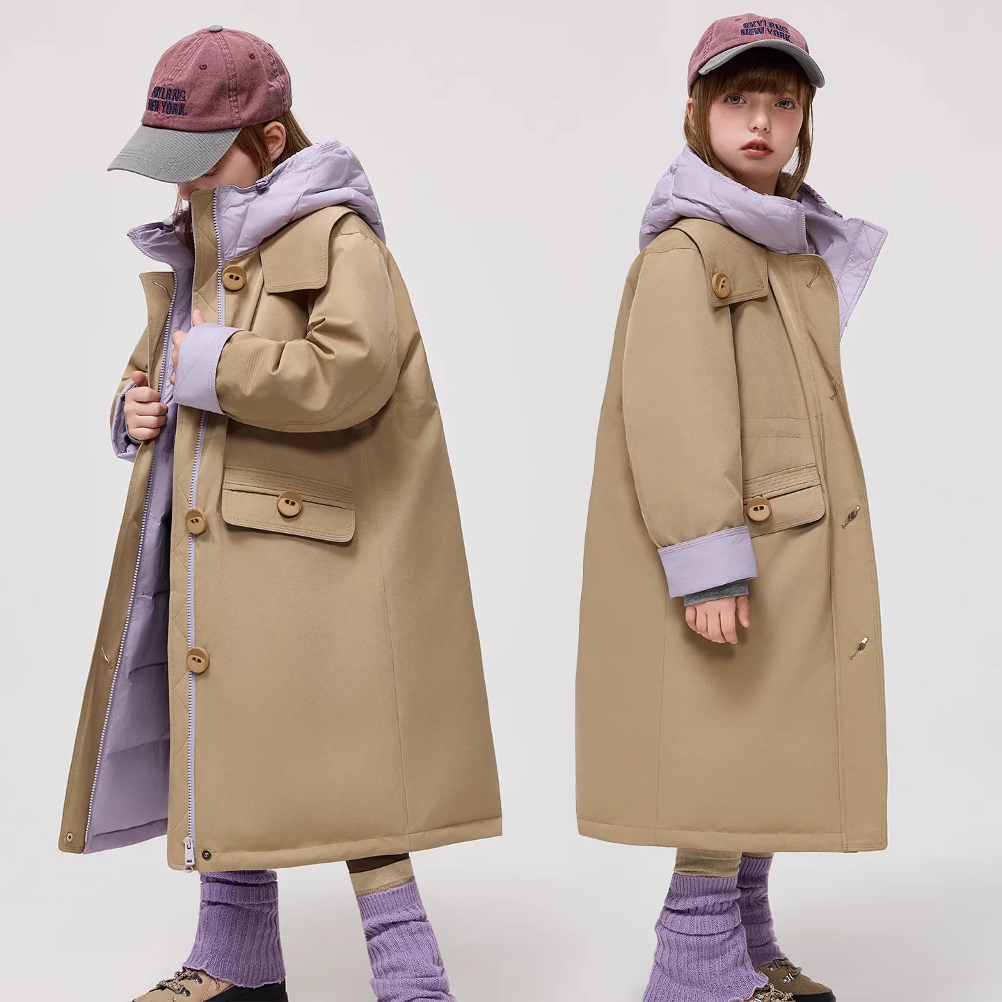 YBFSKID Winter Junior Girls Mid-length Coat Hooded 4-14Y Kids Girls Padded Trench Coat Reversible Khaki Thick Teens Girls Jacket