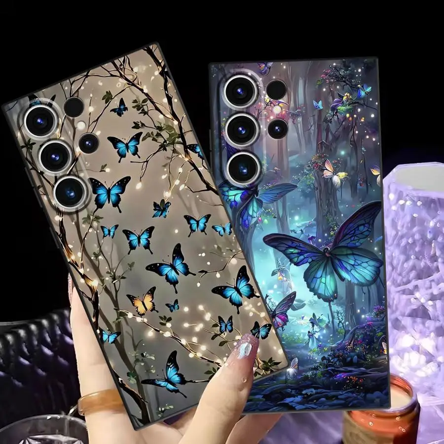 

Cartoon Butterfly Pattern Black Soft Phone Cover Case for Samsung Galaxy S21 FE S25 Edge S23 Ultra S20 S24 Plus