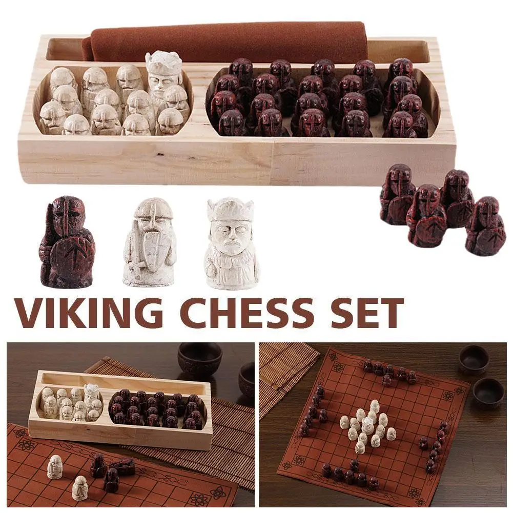 

Viking Chess Set Board Game Wooden Chess Set with Resin Chess Pieces & Leather Chessboard Traditional Two-Player Strategy Board