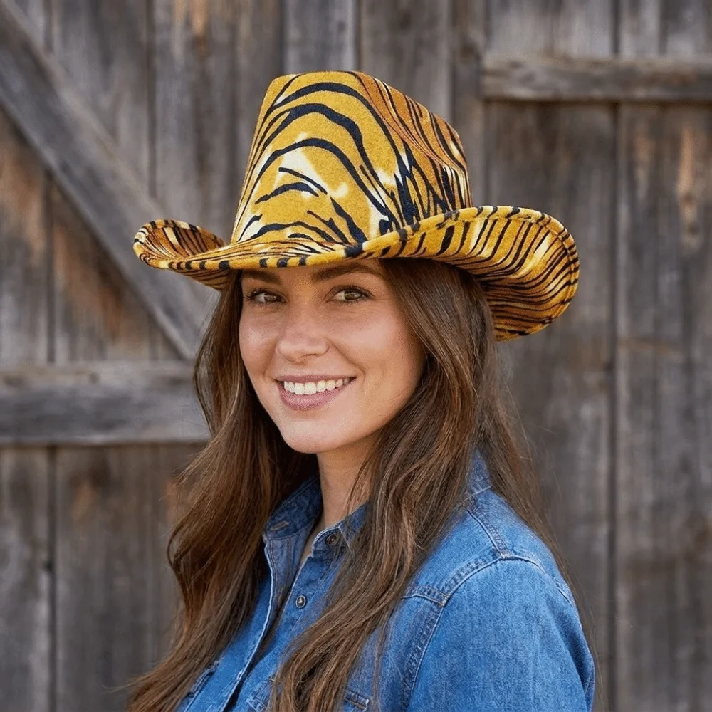 Fashion Cow Printed Bowler Hat Tiger Windproof Western Cowboy Hat Adjustable Drawstring Cowgirl Hat Women
