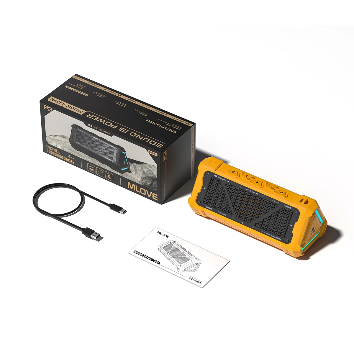 MLOVE P3 Bluetooth-Lautsprecher für den Außenbereich, 40 W Ausgangsleistung, Bluetooth 5.3-Lautsprecher, Stereo-Sound, IPX7 wasserdicht, Micro-SD-Karte, RGB-Licht