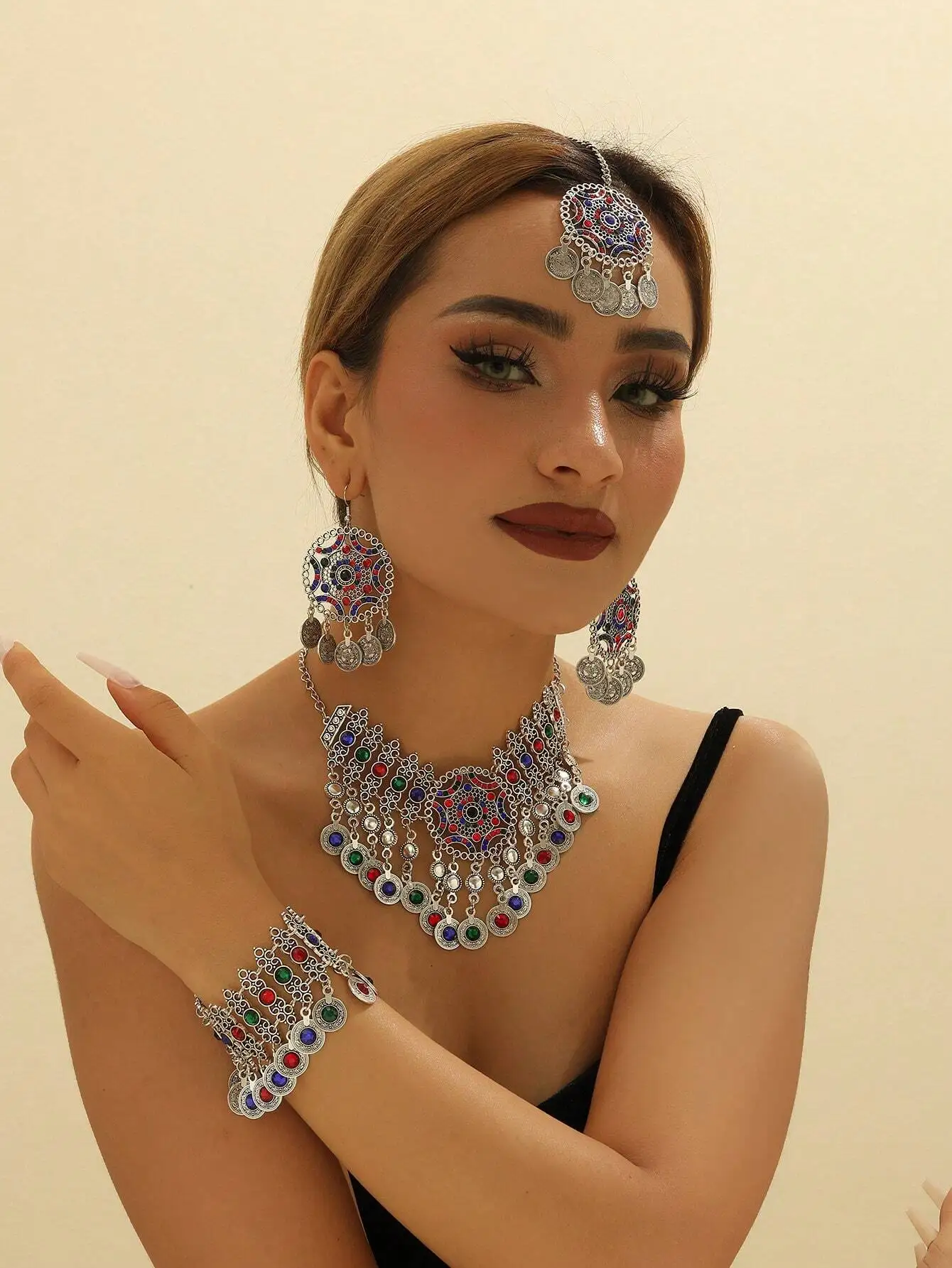 

Retro Bohemian Jewelry Set Necklace Earrings Bracelet Headband For Women Wedding Party