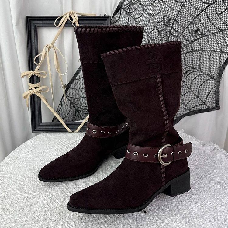 

Suede Buckled Woven Biker Boots Northwest-Style Slip-On Mid-Calf Botines Retro Pointed-Toe Ankle Botas Femininas Chaussure Femme