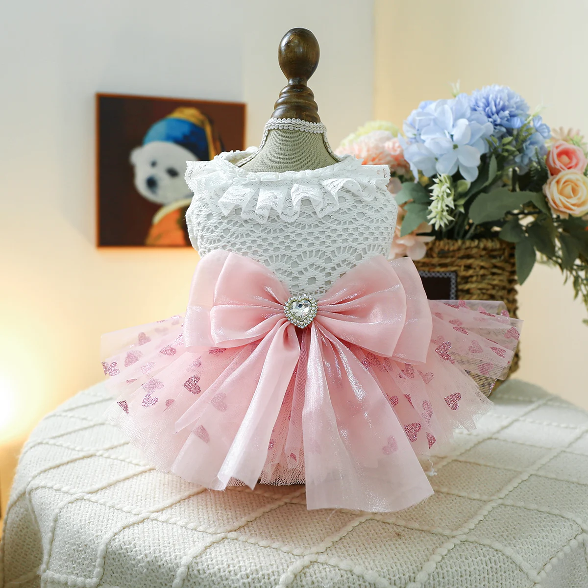 1PC Pet Clothing Spring and Autumn Pink Heart Puff Skirt Wedding Dress Princess Dress Suitable for Small and Medium sized Dogs